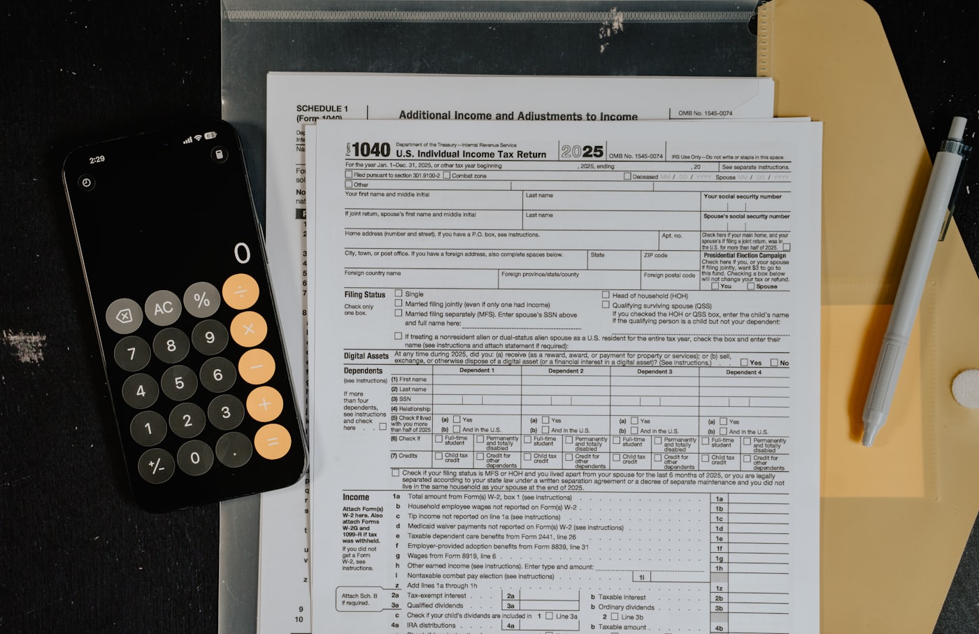 Tax paperwork, money, and finance planning